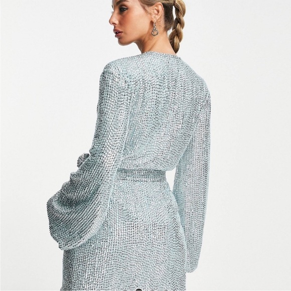 New ASOS DESIGN Wrap Mini Dress with Volume Sleeve in Mint Sequin - Picture 3 of 14